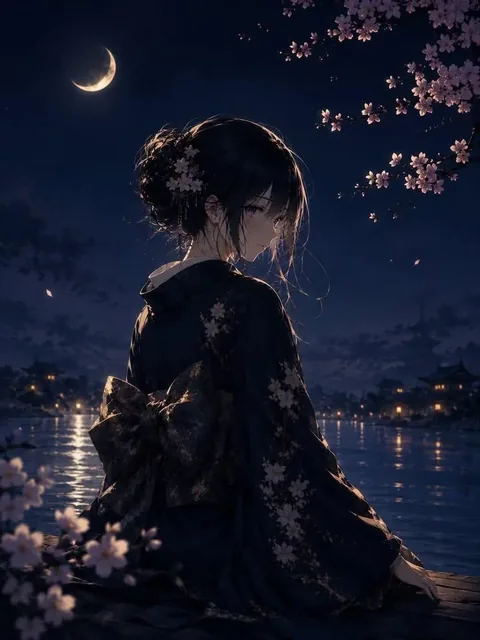 Beautiful young Japanese woman in a black and blue kimono, kneeling by water, with a large moon and cherry blossoms in the background.