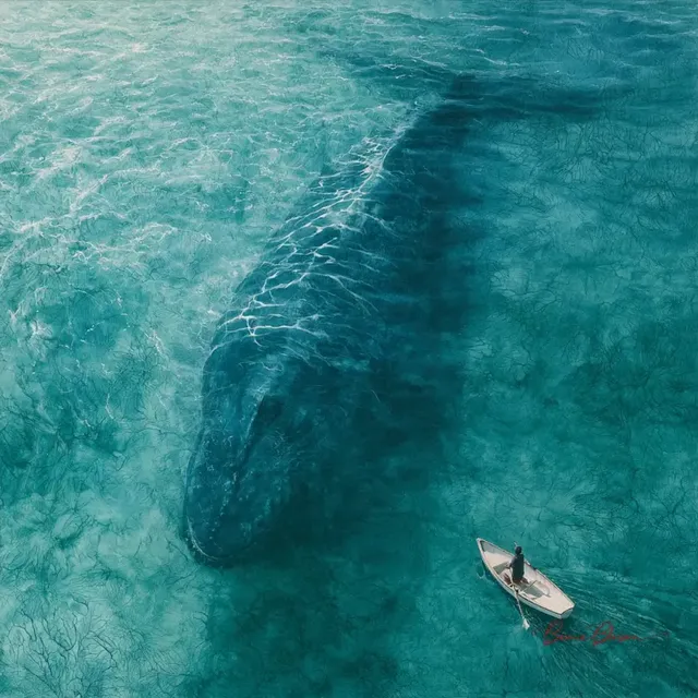 Top-down view of a blue whale swimming under a rowing boat in turquoise water, in a batik painting style with wax-resist crackle patterns.