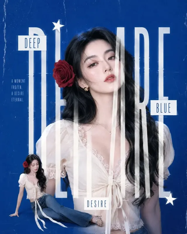Fashion poster with a young woman in a cobalt blue theme. She wears a cream v-neck top and dark blue flared jeans. Large white English text overlays the image. Minimalist design with glitch and grunge elements.