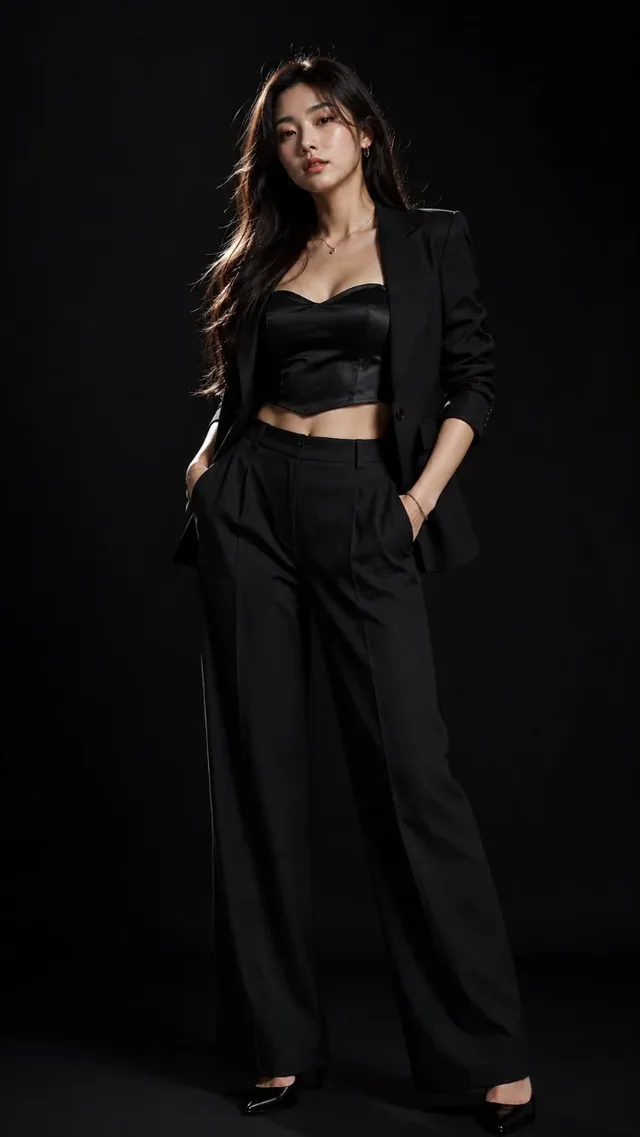 Ultra-realistic studio portrait of a beautiful Korean woman in a fashionable black blazer and ivory camisole, posing confidently with direct eye contact against a dark background.