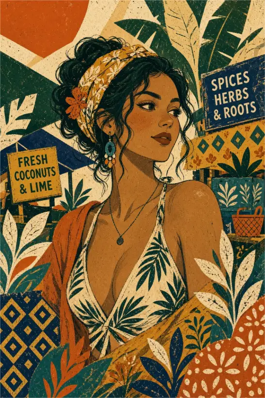 Flat folk graphic illustration poster with earthy colors, botanical motifs, and bold typography, featuring a distressed screenprint texture and playful asymmetry.