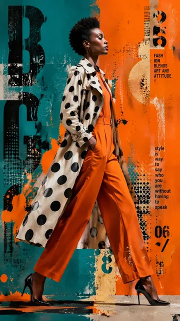 Stylish woman with an afro, wearing a polka-dot trench coat and orange jumpsuit against a dynamic graphic background.