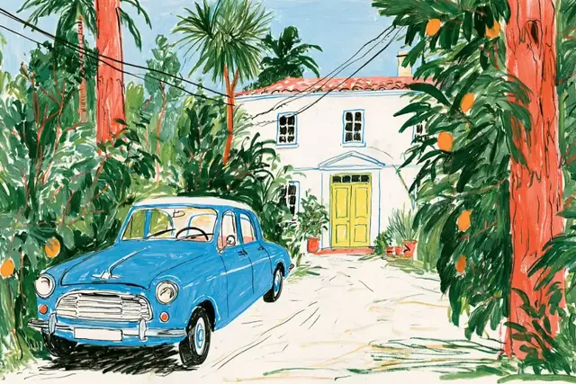 A vintage blue car is parked on a gravel driveway in front of a white house, with lush green trees and orange fruit trees surrounding the scene. The artwork is a gouache painting with visible brushstrokes and a bright color palette.
