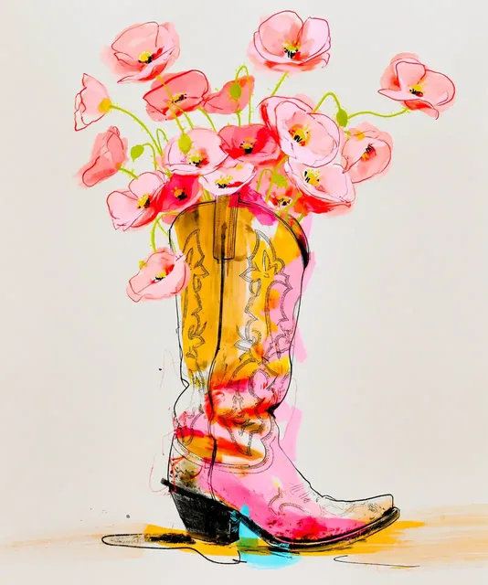 A vintage cowboy boot filled with poppy flowers, set against a neutral background.