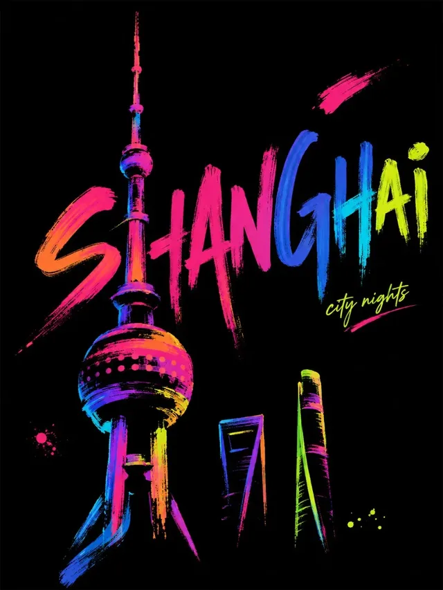 Minimalist vertical travel poster with bold, broken fluorescent brush strokes depicting simplified city landmarks and large hand-painted text on a pure black background.