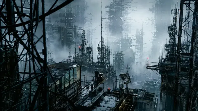 A lone surveyor figure stands in the foreground, looking towards a vast, eroded cityscape partially submerged by a surreal, cosmic tide under a dim, alien sky.