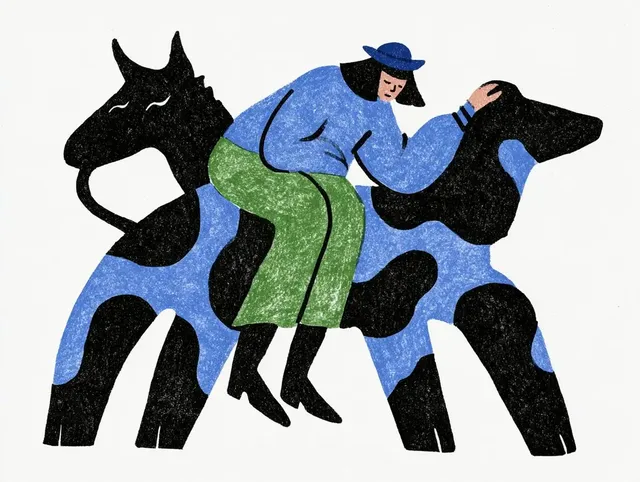 A minimalist risograph style illustration of a person riding a stylized black and blue patterned animal.