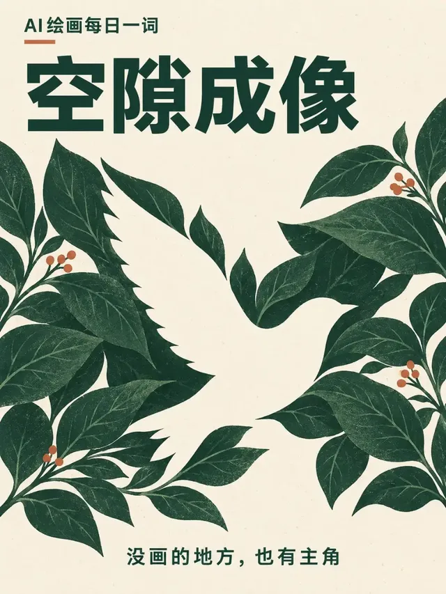 Minimalist flat illustration with deep forest green leaves forming a central negative space silhouette of a flying bird against a warm white textured paper background.