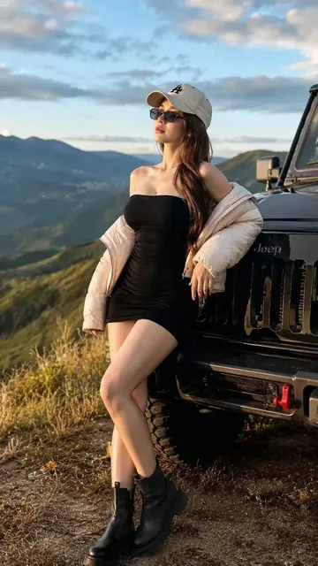 A young woman with dark brown hair, wearing a black strapless mini dress, cream puffer jacket, and an LA baseball cap, leans against a black Jeep during golden hour, with lush hill