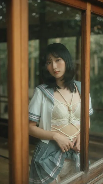A woman with dark hair and a sailor-collar blouse looks out a window with wooden frames, blurred green garden visible outside.