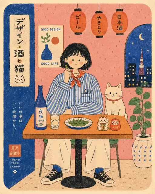 Risograph-style poster illustration of a person sitting at a cafe table with an animal, rendered in flat colors and naive proportions.