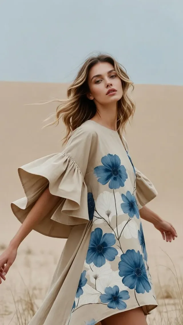 Hyper-realistic fashion photo of a woman in a white and blue floral dress, standing in a beige field with a baby blue sky.