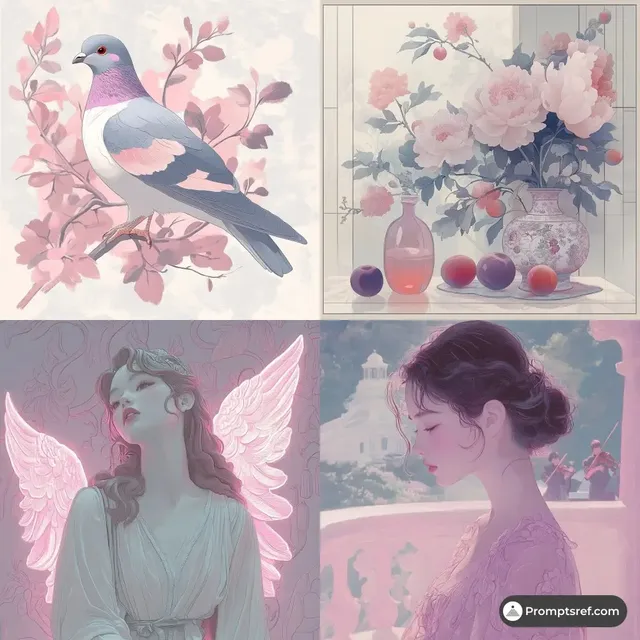 A digital illustration in an ink-wash style, featuring misty landscapes, translucent layers, flowing lines, and a pink-purple glow reminiscent of a fairytale sunrise.