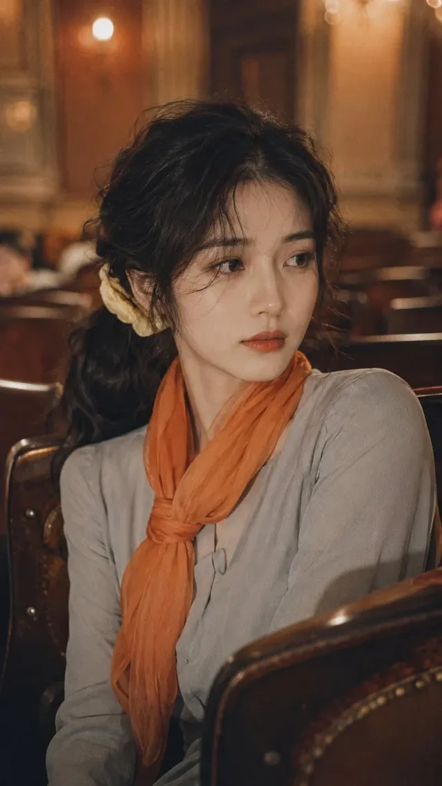 A hyperrealistic, 35mm film-style portrait of an elegant East Asian woman with a soft expression, wearing a grey vintage top and an orange scarf, set against the blurred background of a vintage European theater with wooden seats. Soft, warm lighting highlights her natural skin texture and a subtle film grain is visible.