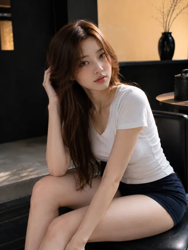 A hyperrealistic, full-body vertical shot of a beautiful young East Asian woman sitting elegantly on a black leather chair on a modern Japanese-inspired cafe's wooden deck at dusk. She has long brown hair, is wearing a white t-shirt and navy shorts, and is barefoot.