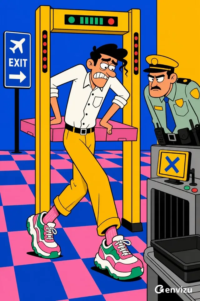 A lanky man in a white shirt and yellow pants tries to hide a giant pizza box behind his back at airport security, while a guard looks on sternly.