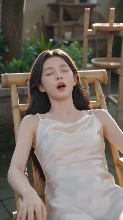 A girl lounging on a chair has an egg dropped directly into her open mouth by a chicken perched above.