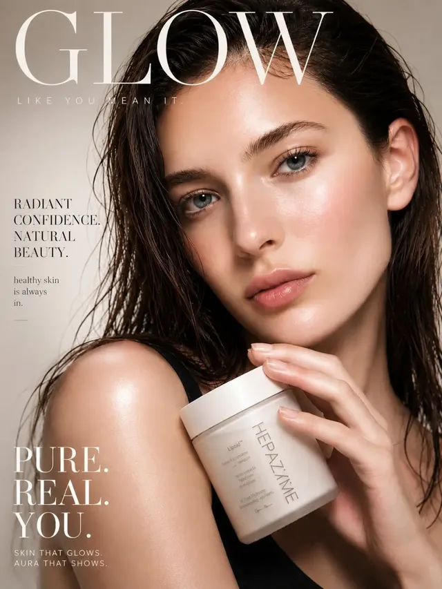 A high-fashion editorial poster featuring a model with luminous, dewy skin holding a skincare product, set against a neutral background with elegant typography.