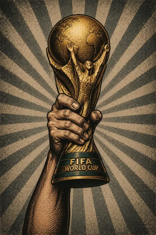 Vintage propaganda-style illustration of a strong human hand firmly gripping an object, symbolizing power and victory, set against a dramatic sunburst background.