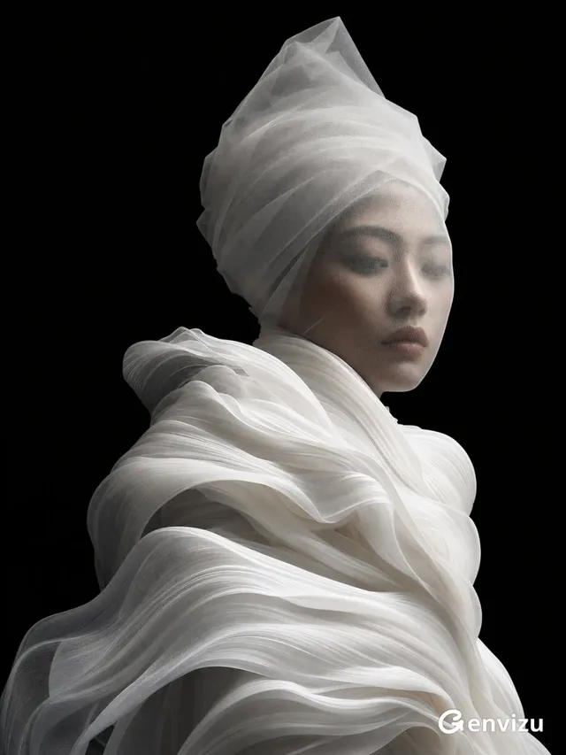Close three-quarter portrait of an adult East Asian woman with a reserved expression, her face partially obscured by a translucent white mesh veil, wearing a tall white tulle turban and a large, flowing white couture garment against a black studio background.