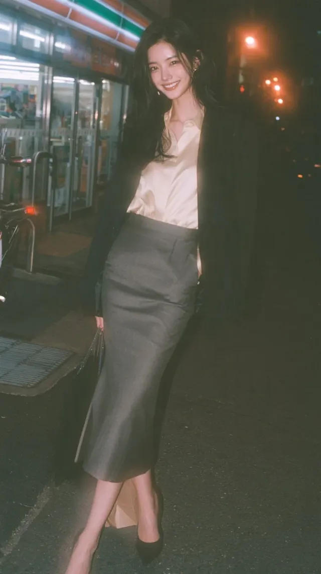Full body shot of a woman in her mid-20s with long black hair and a happy smile, wearing a cream blouse, gray skirt, and black blazer, standing outside a Japanese convenience store at night.
