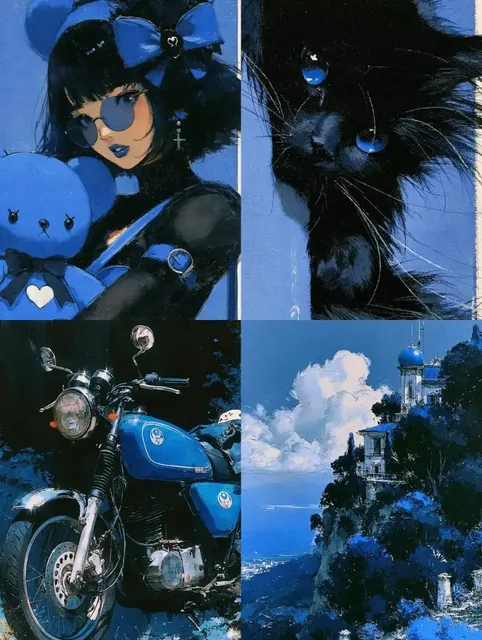 A collage of anime-style illustrations featuring a girl with a teddy bear, a black cat, a motorcycle, and a coastal villa, all in a blue color scheme.