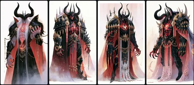 A full-body 3D render of a dark fantasy fighter prince with curved horns, black and gold armor, red glowing chest markings, and clawed hands, in a powerful stance against a white background.