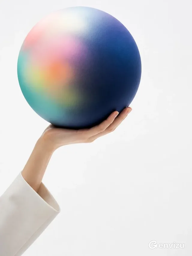 A slender hand wearing an ivory long-sleeved cuff emerges from the bottom left, palm up, gently supporting a large, softly glowing matte sphere in shades of deep cobalt and indigo, against a pure white seamless studio background.