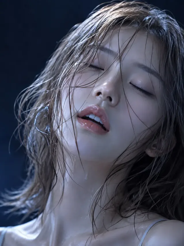 Extreme close-up of a woman's face and neck, eyes closed, lips slightly parted, with wet dark brown hair clinging to her face and water droplets on her skin, illuminated by cool blue light.
