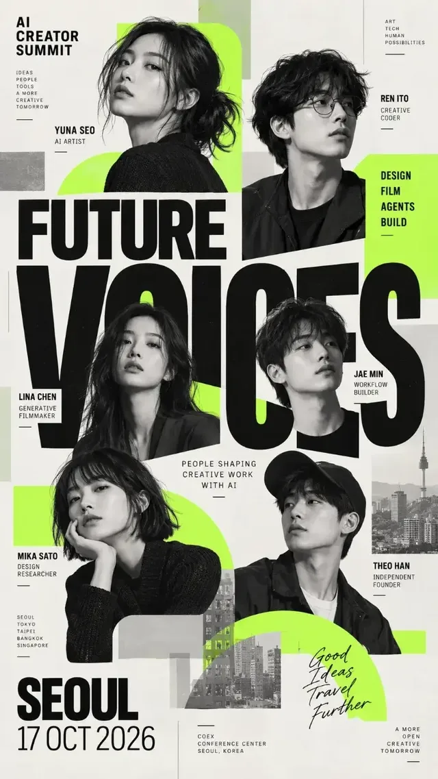 A contemporary vertical poster with a geometric grid layout, showcasing multiple realistic portraits of people with varied scales and crops, overlaid with large, dominant typography and smaller informational text.