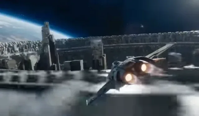 A futuristic fighter jet in a high-speed chase, diving through the complex, massive, and collapsing interior machinery of a ring world.
