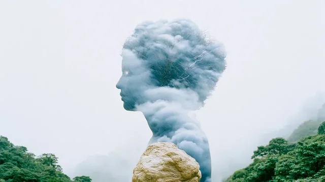 Surreal double exposure portrait of a profile silhouette filled with stormy clouds and lightning, superimposed over a misty forest landscape.