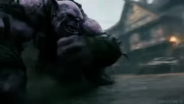 A snarling purple orc-like creature in a battle against a dark sorcerer casting purple magic in a medieval town square.