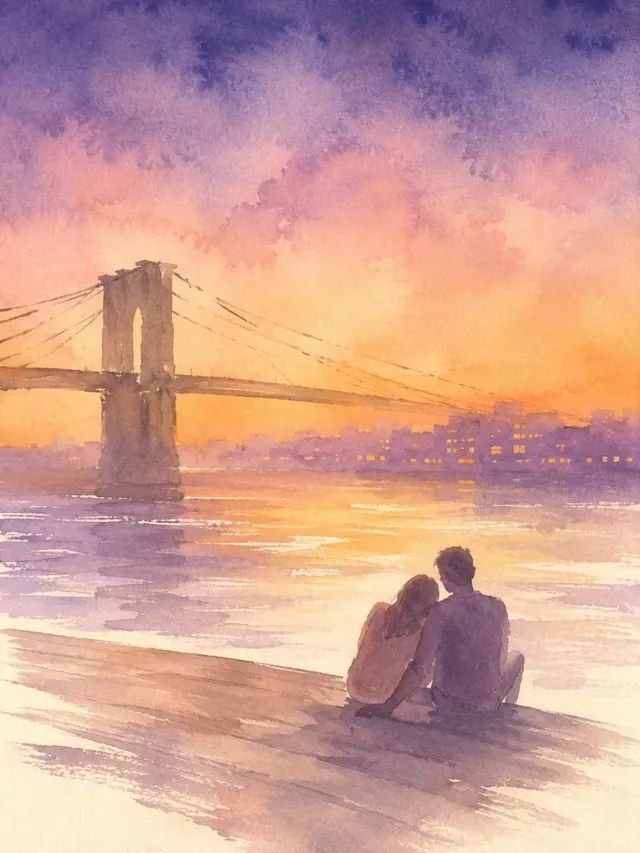 A loose wet watercolor painting of a hazy sunset over Midtown Manhattan, viewed from the Top of the Rock. A young Korean couple, seen from behind, stands at the golden section point, leaning into each other at the glass railing, looking out at the city.