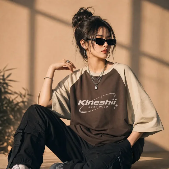 Stylish young Asian woman in a warm sunlit studio, wearing an oversized chocolate brown graphic t-shirt with 'Kineshii STAY WILD' logo and black cargo pants, with cinematic window