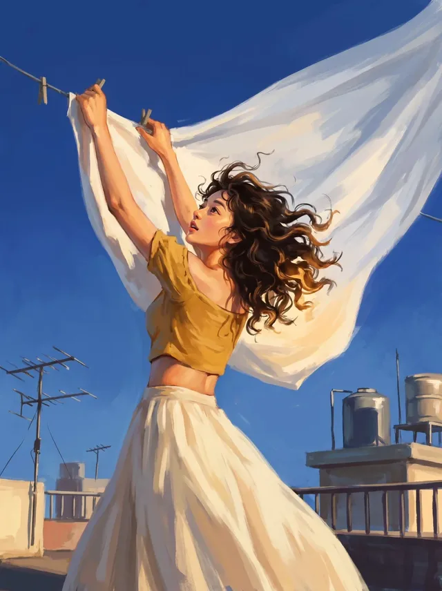 A young woman with curly hair reaching up to a large billowing white sheet on a rooftop against a deep blue sky in a painterly style.