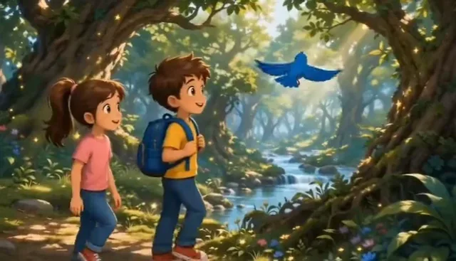 Two children and a blue bird discover a glowing door in a magical forest.