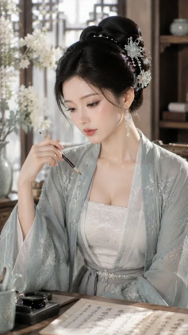 Close-up portrait of a young East Asian woman with refined makeup and traditional clothing, sitting in a study with a book, looking gently at the camera.