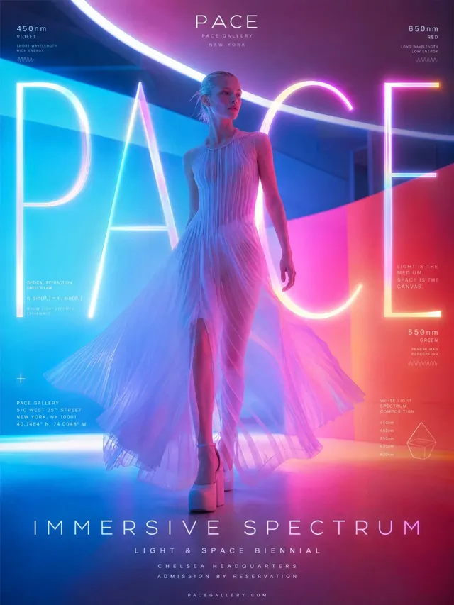 Hunter Schafer in a futuristic white dress walks through a vibrant light tunnel with cyan and magenta light, PACE typography prominently displayed.