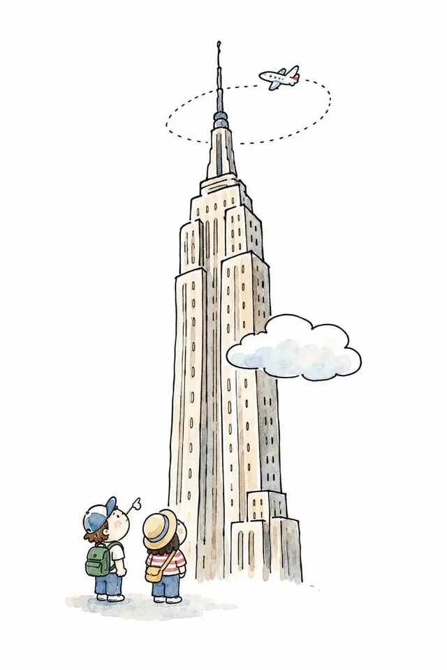 Minimalist doodle illustration of the Empire State Building, slightly crooked, with a small plane, tiny tourists, and a cloud, all in a naive, hand-drawn style on a white background.