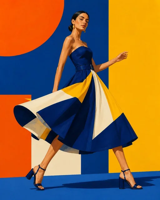 Fashion illustration of a woman in a geometric color-block dress with a bold, abstract background.