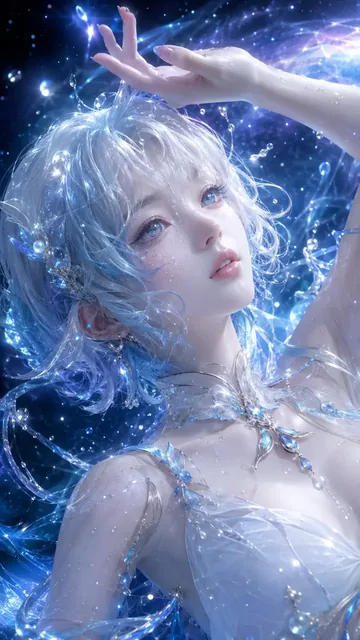 A hyper-detailed 3D CG render of a young, adult oriental fantasy woman with ice-blue eyes, short silver-white curly hair, and a translucent white and ice-blue gown, floating in a c
