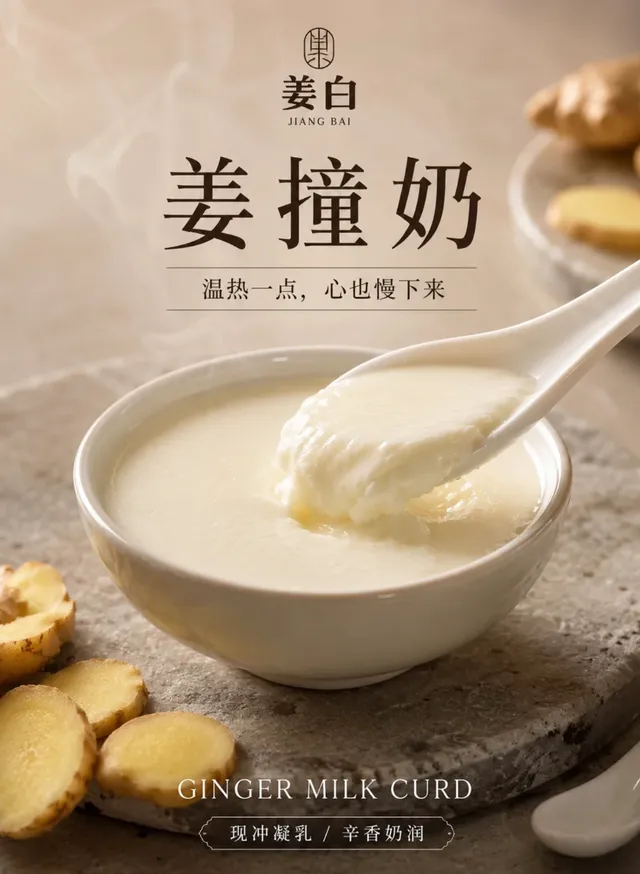 Realistic Chinese style advertisement for 'Jiang Bai' ginger milk curd, featuring a white porcelain bowl of curd with a spoon lifting a smooth portion, surrounded by ginger slices and steam.