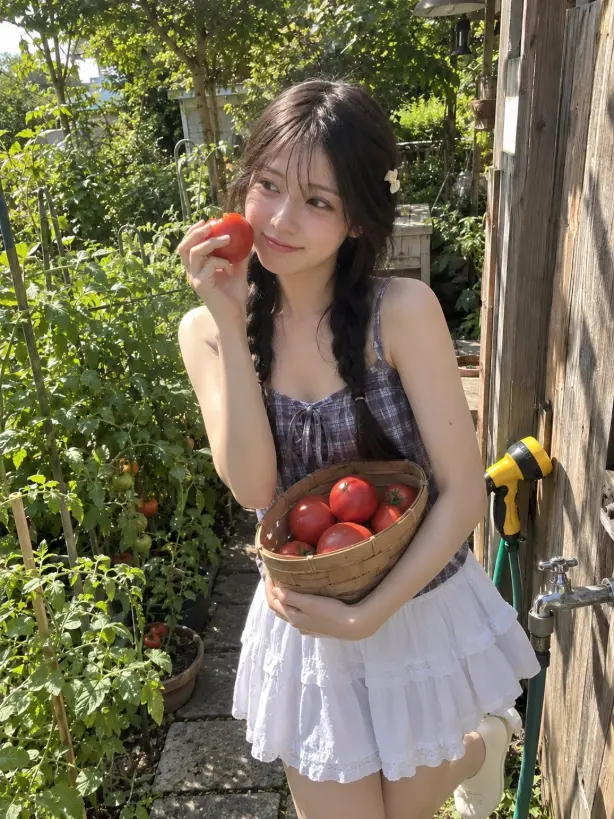 A photorealistic candid summer garden portrait of a young East Asian woman standing outdoors beside a lush vegetable garden on a bright sunny afternoon. She ha…