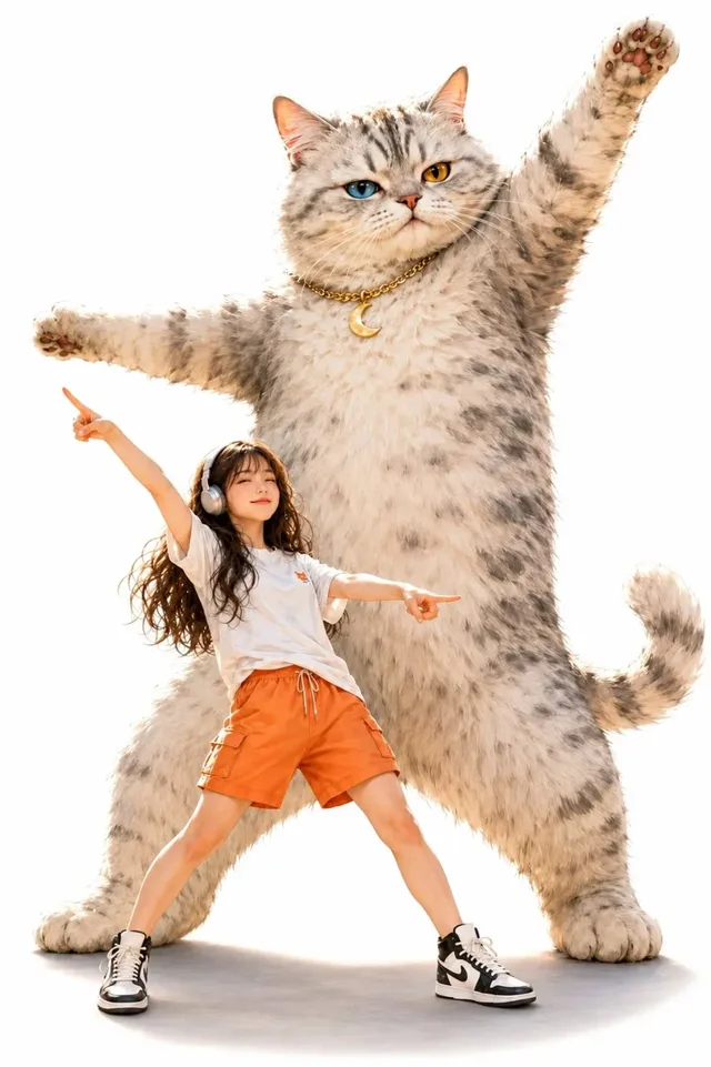 A hyper-realistic giant anthropomorphic cat with striking heterochromia eyes and a gold chain, towering behind a smaller human figure striking a confident pose. Both characters are depicted with ultra-detailed fur and realistic textures against a clean white background with soft shadows and subtle floating light particles.
