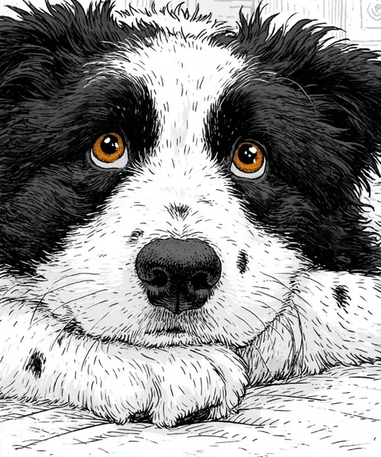A fluffy black and white dog with big brown eyes resting its head on its paws, looking thoughtful.