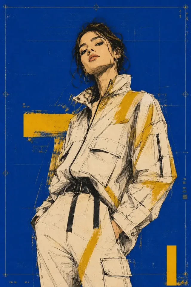 Vertical fashion-tech poster featuring a young model with a calm, confident pose against a dense cobalt-blue background with a technical grid. The illustration uses ink, graphite, and marker on textured paper with mustard-yellow accents.