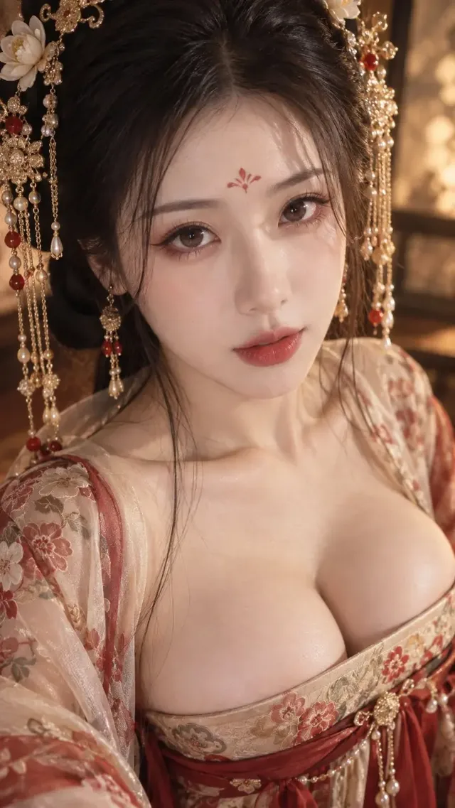 Close-up portrait of a Tang Dynasty woman with elaborate hairstyle, makeup, and jewelry, wearing a traditional ruqun dress, emphasizing her features and attire.