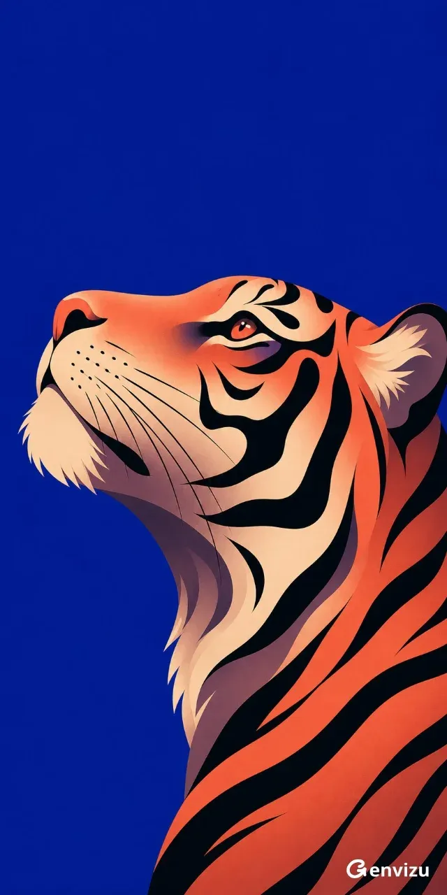 Stylized tiger portrait with graphic shapes and black stripes, set against a deep cobalt-blue background. The tiger's head is cropped and angled upwards.