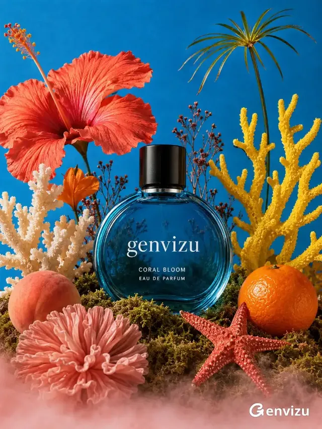 A surreal, studio-lit product photograph of a deep sea blue glass perfume bottle with 'genvizu CORAL BLOOM EAU DE PARFUM' text, placed on an olive green moss base. It's surrounded by colorful elements like a pinkish-orange fruit, a bright orange citrus, a coral red starfish, and various corals and flowers.